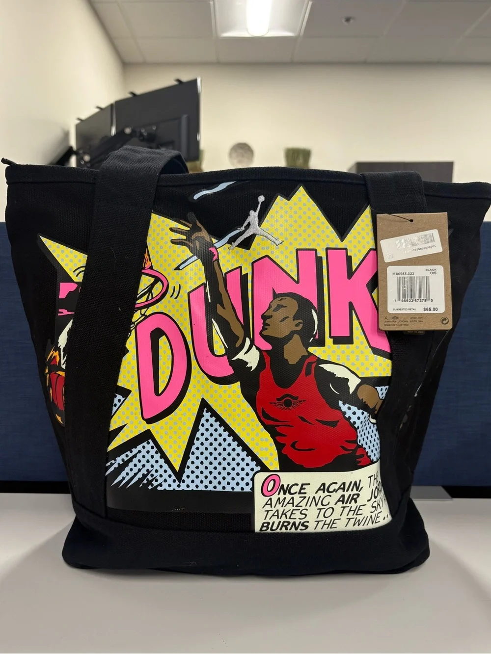 Jordan Black Canvas Tote with Pink & Yellow Pop-Art Dunk Graphic